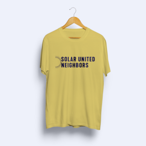 Yellow T-shirt featuring the navy Solar United Neighbors logo centered on the front.